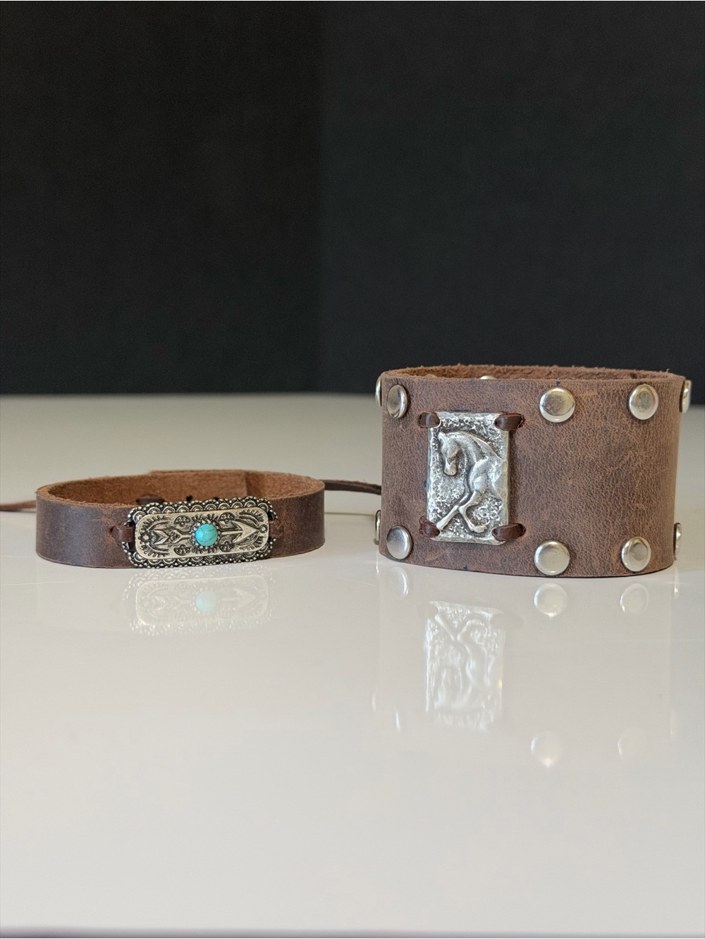 Western-Style Cuff and Strap Brown Leather Bracelet Set with Silver Accents